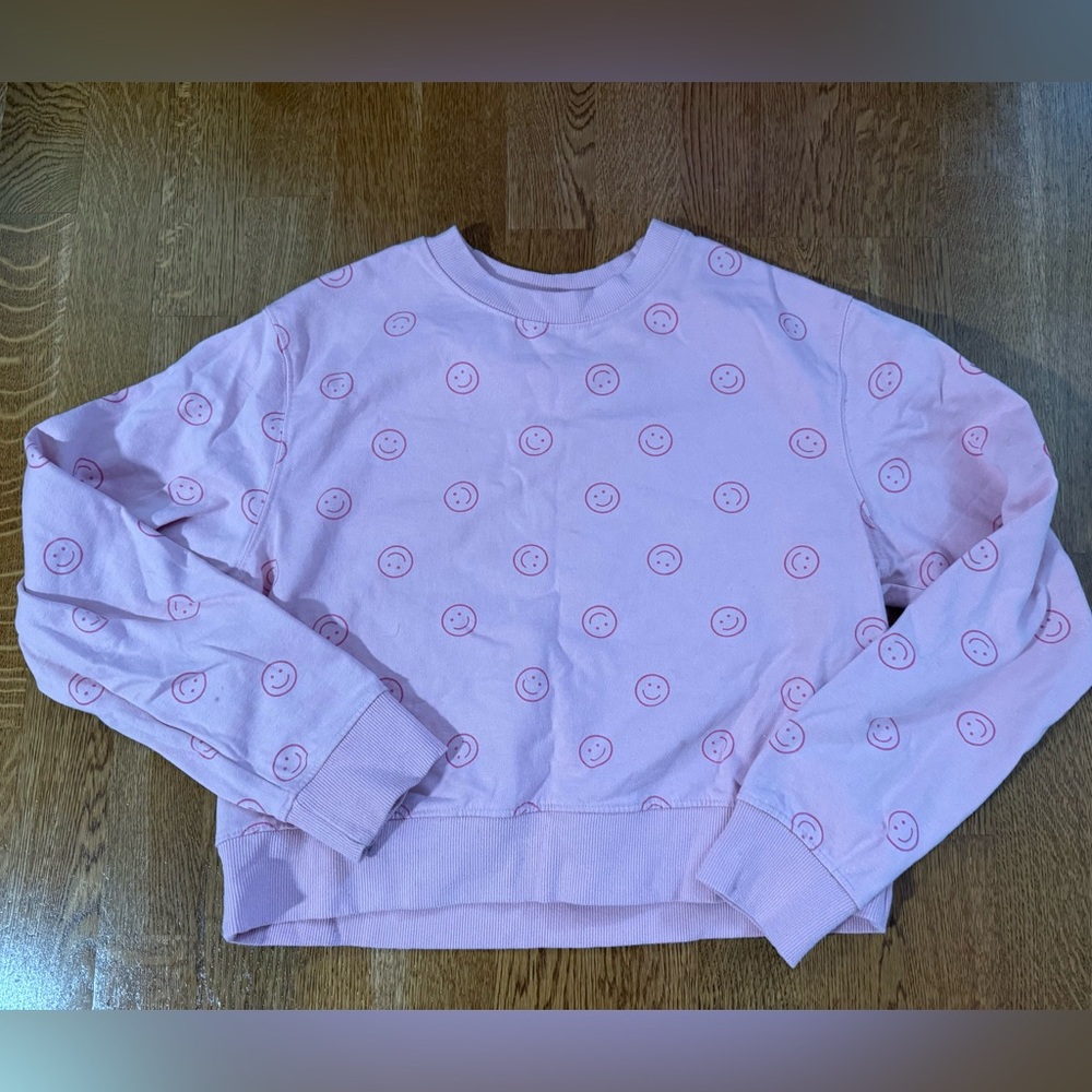 Smiley Face Pink Cropped Crewneck Sweatshirt Pink Happy Face Youth Medium